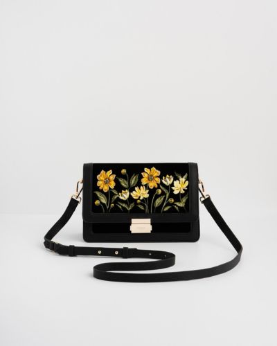 Fable England Women's Botanical Velvet Embroidered Foldover Bag