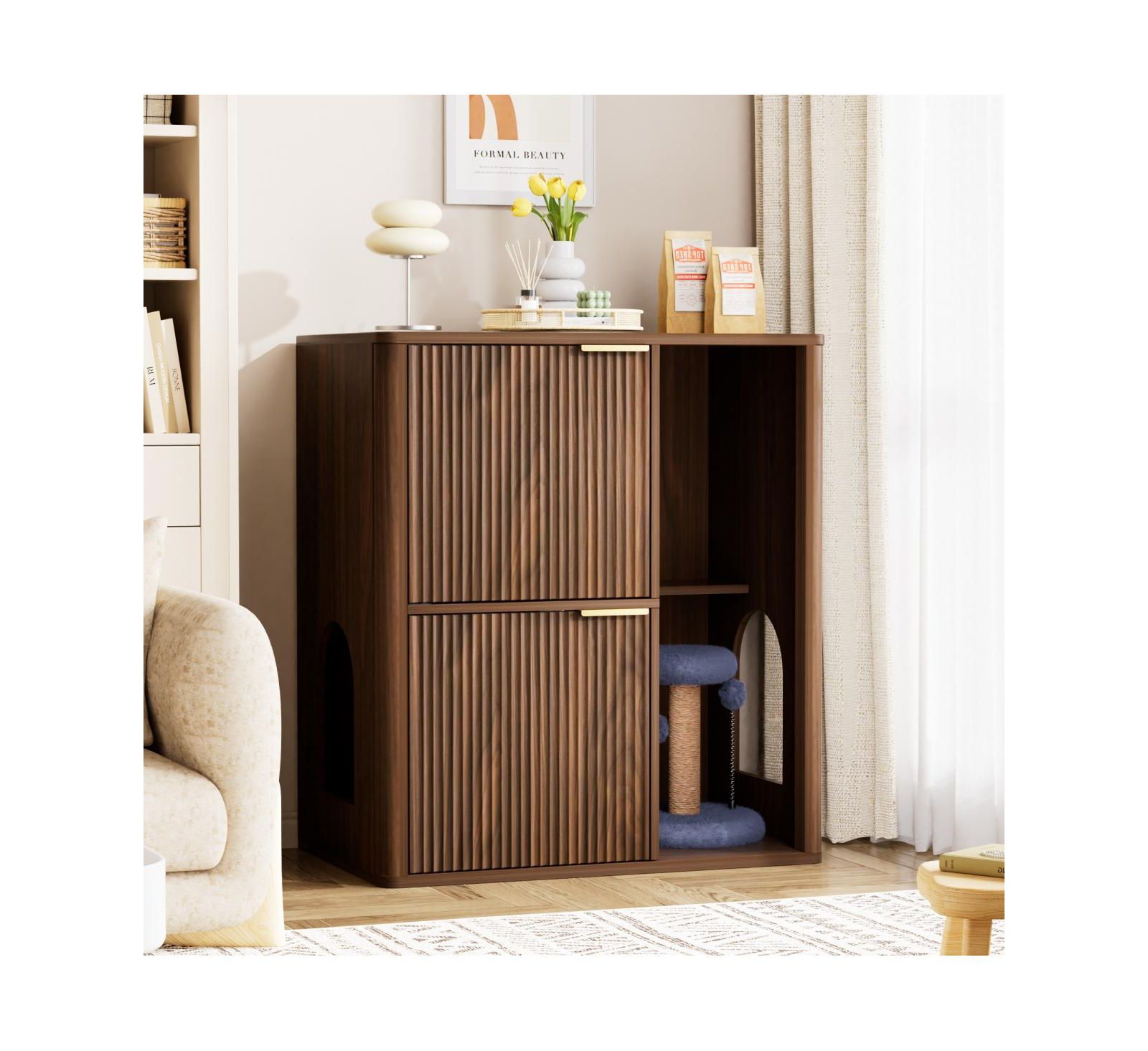 Streamdale Furniture 31.5" Walnut Cat Litter Cabinet with Cat Tree and Storage Shelves