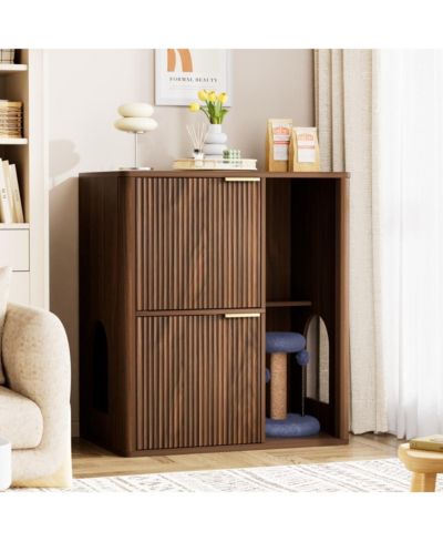 Streamdale Furniture 31.5" Walnut Cat Litter Cabinet with Cat Tree and Storage Shelves