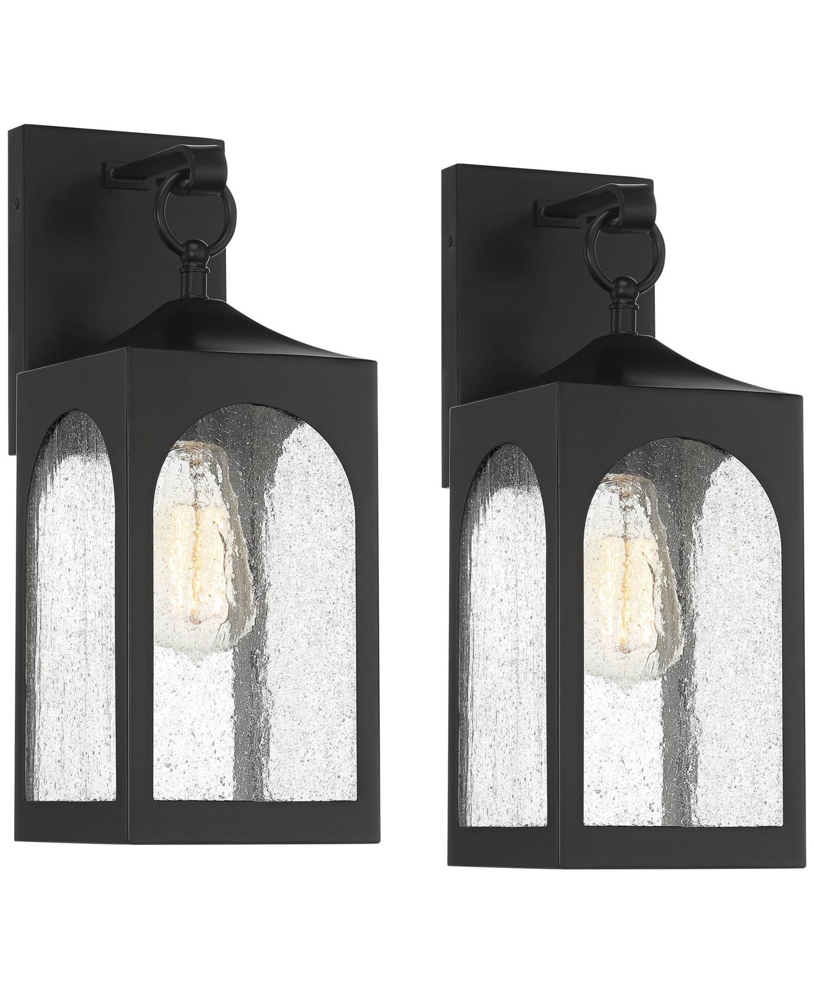 Possini Euro Design Tyne Modern Outdoor Wall Light Fixtures Set of 2 Matte Black Metal 16 1/2" Seedy Glass for Post Exterior Barn Deck
