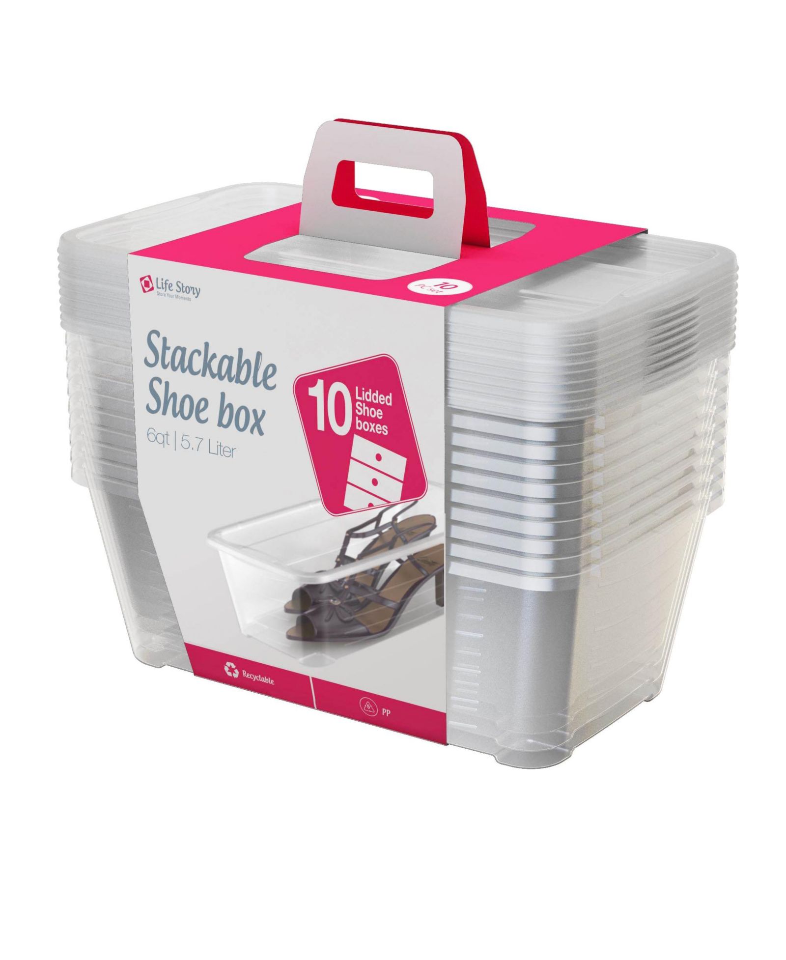 Life Story 6L Shoe and Closet Storage Box Stacking Containers, Clear (10 Pack)