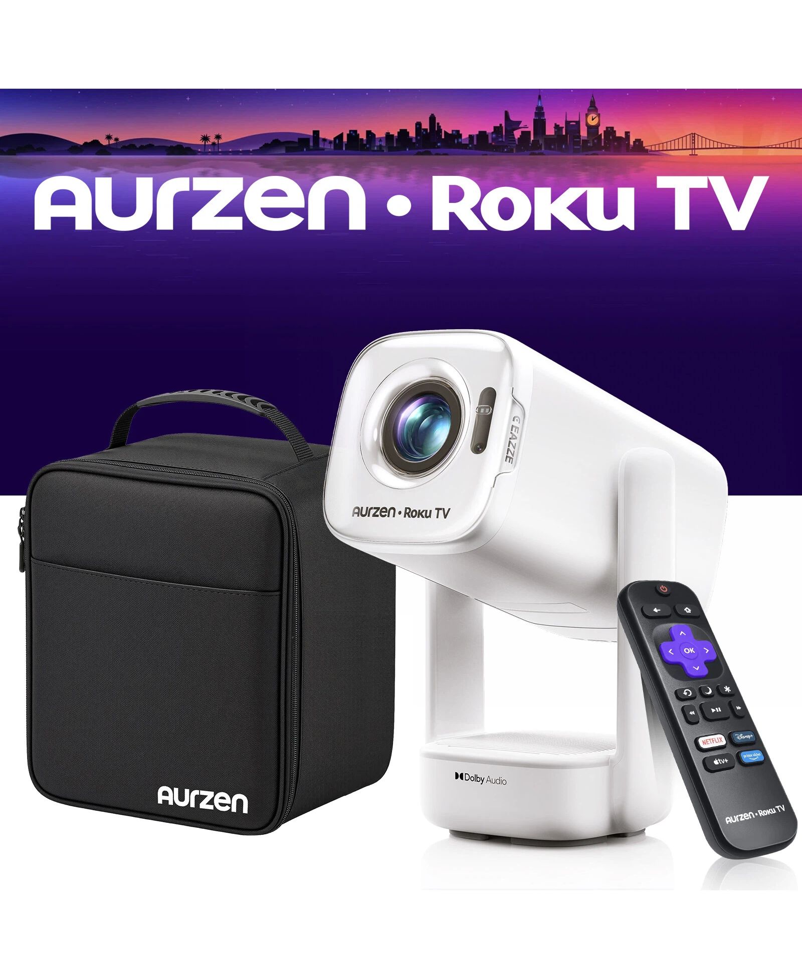 Aurzen мини портативный проектор Roku TV с чехлом, встроенный Roku, питание USB-C, 1080P, Dolby Audio, автофокус и коррекция трапеции