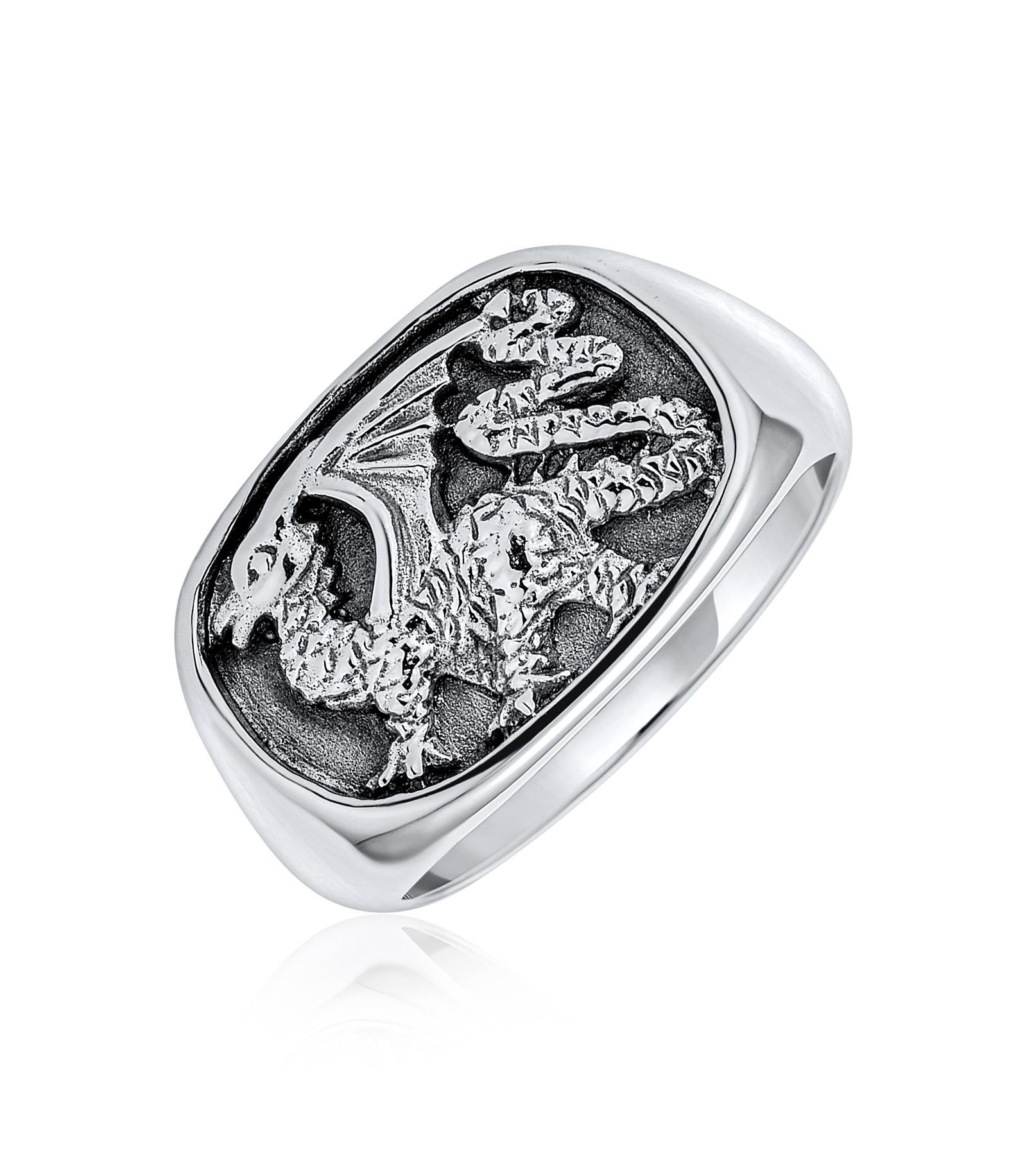 Мужское кольцо Bling Jewelry Statement Dragon Signet Rectangle Gothic Shield Oxidized.925 Sterling Silver