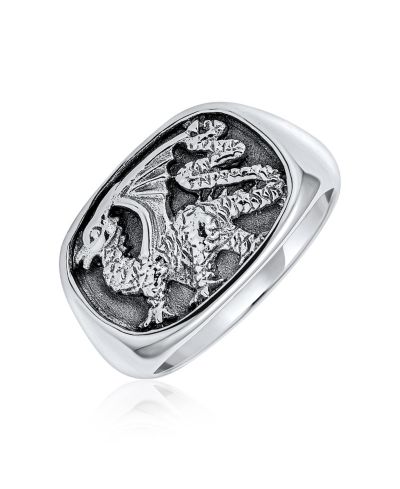 Мужское кольцо Bling Jewelry Statement Dragon Signet Rectangle Gothic Shield Oxidized.925 Sterling Silver