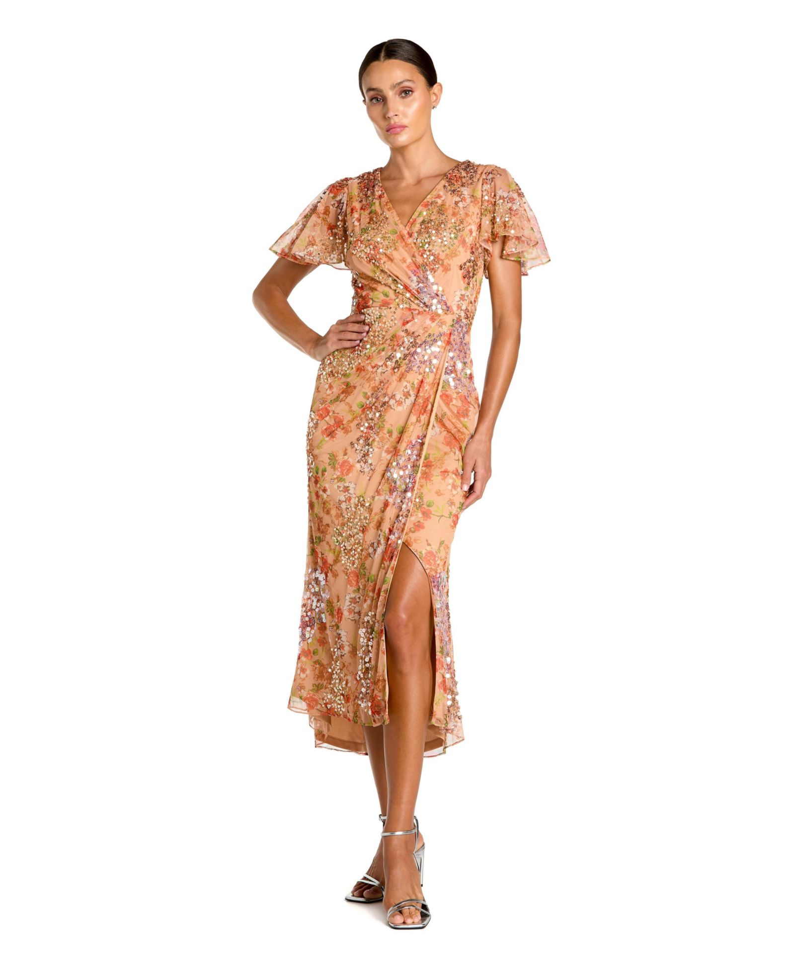 Женское миди-платье Mac Duggal Printed Mesh Flutter Sleeve Faux Wrap