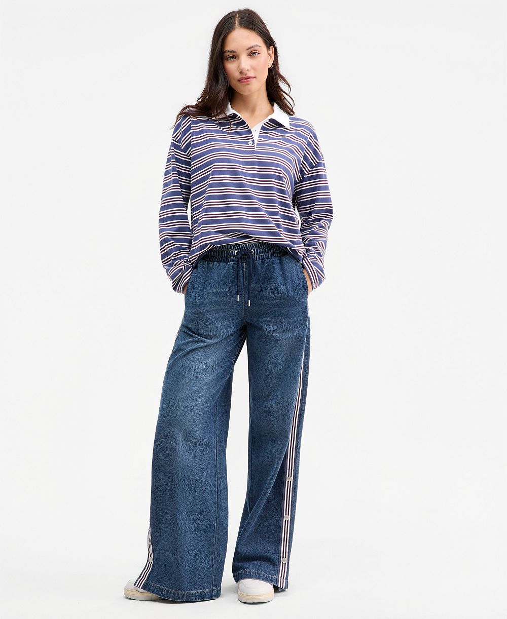 Madden Girl Juniors' Pull-On High-Rise Wide-Leg Varsity Side-Stripe Jeans
