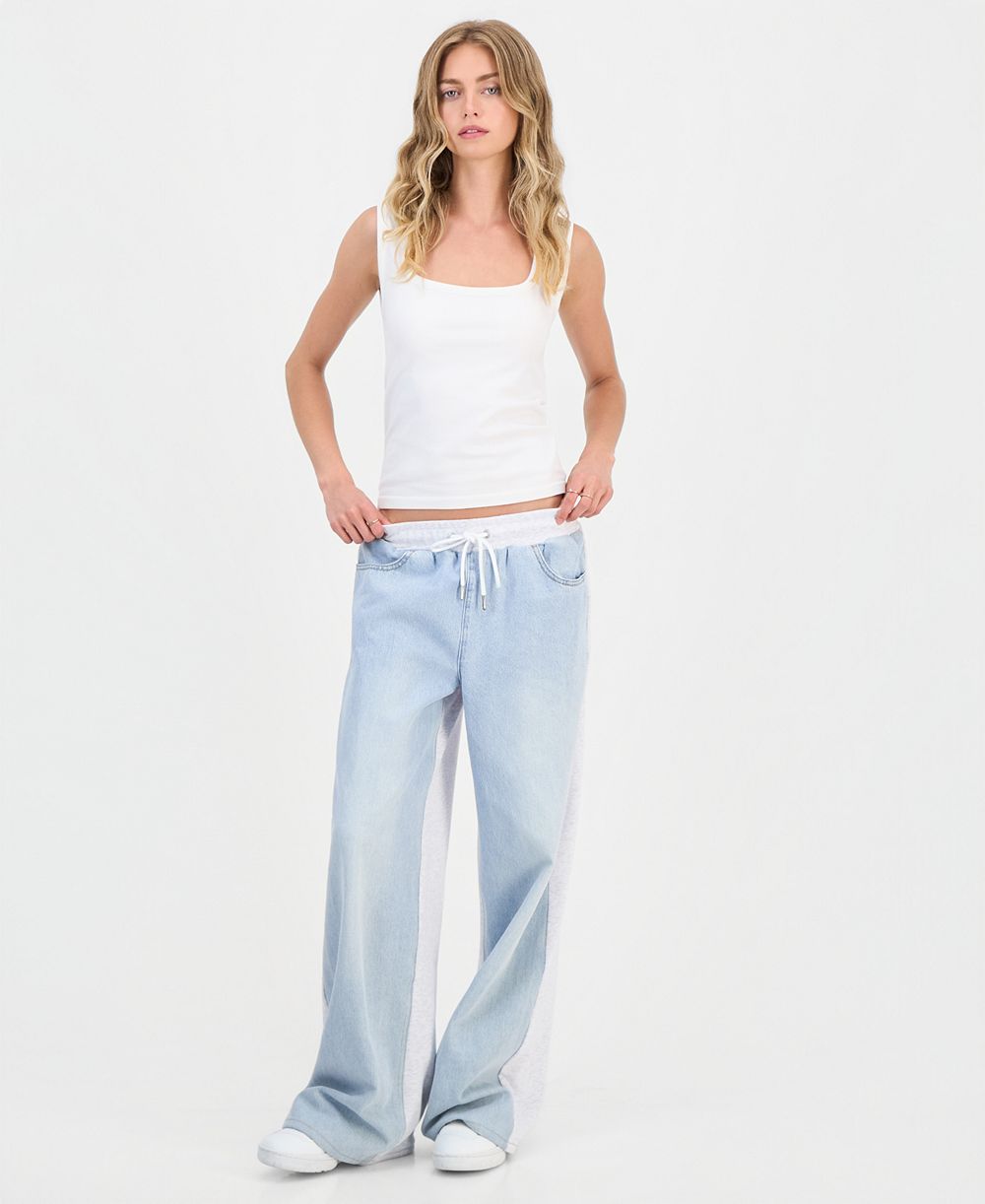 Madden Girl Juniors' Mixed-Media Wide-Leg Sweatpant Jeans