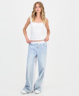 Madden Girl Juniors' Mixed-Media Wide-Leg Sweatpant Jeans