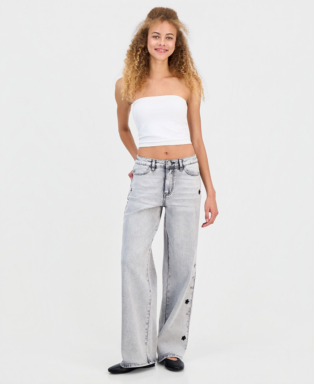 Madden Girl Juniors' Star Stud Mid Rise Wide Leg Jeans