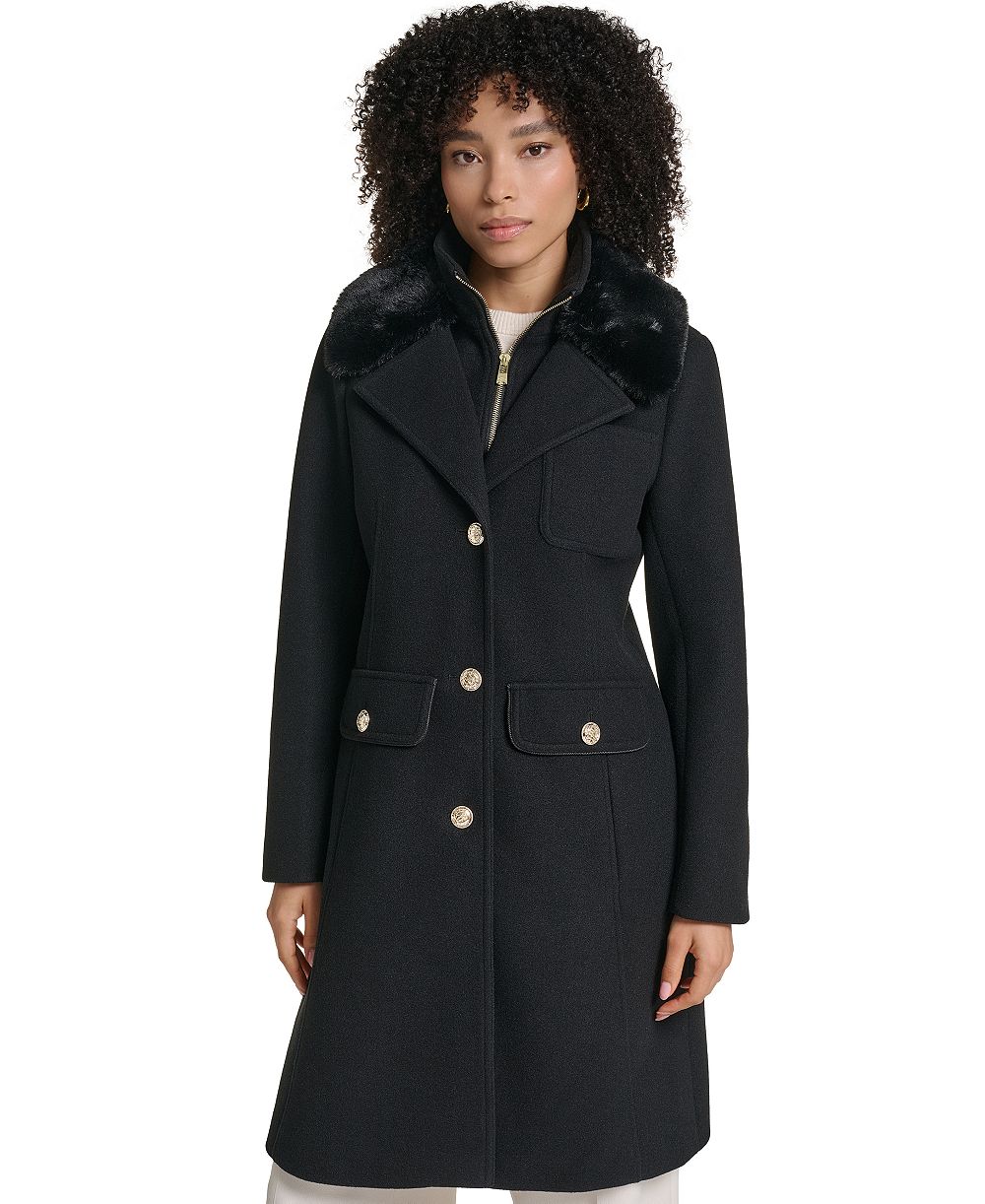 KARL LAGERFELD PARIS Women's Bibbed Faux-Fur Collar Lined Coat