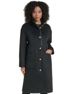 Karl Lagerfeld Paris Women's Wool-Blend Faux-Leather Trimmed Funnel Neck Long Coat