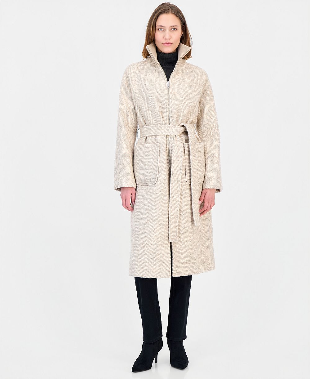 Calvin Klein Women's Belted Knit-Collar Textured Coat