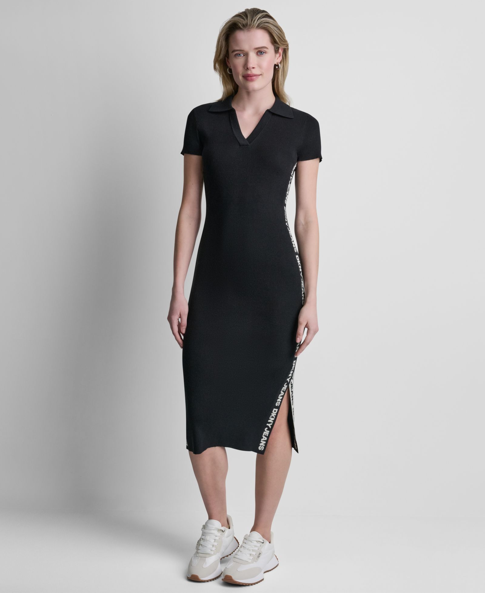 DKNY Jeans Women's Side Logo Short-Sleeve Rib Midi Dress