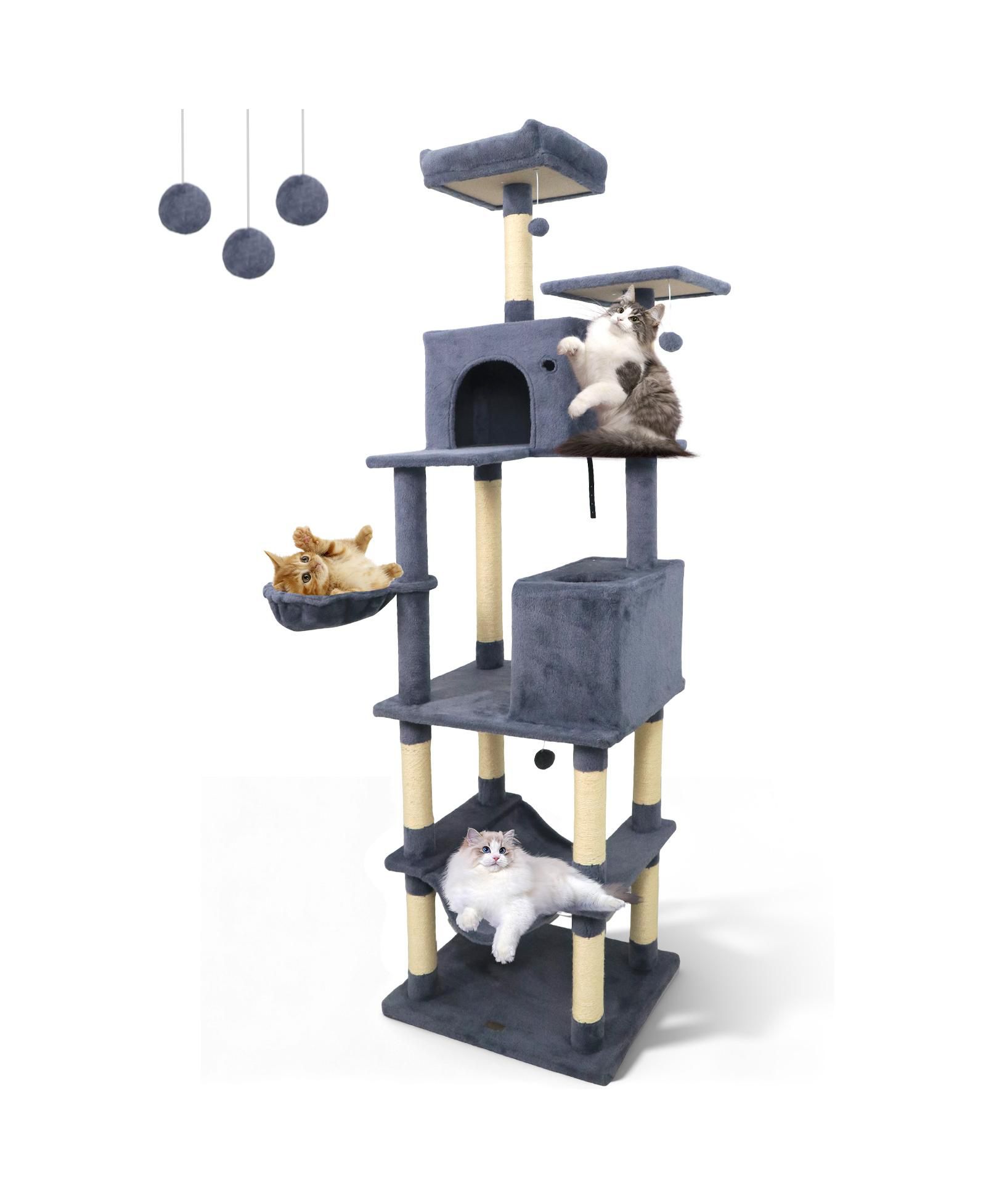 Gymax Tall Cat Tree 2 Condos Sisal Scratching Posts Plush Perch Hammock Basket