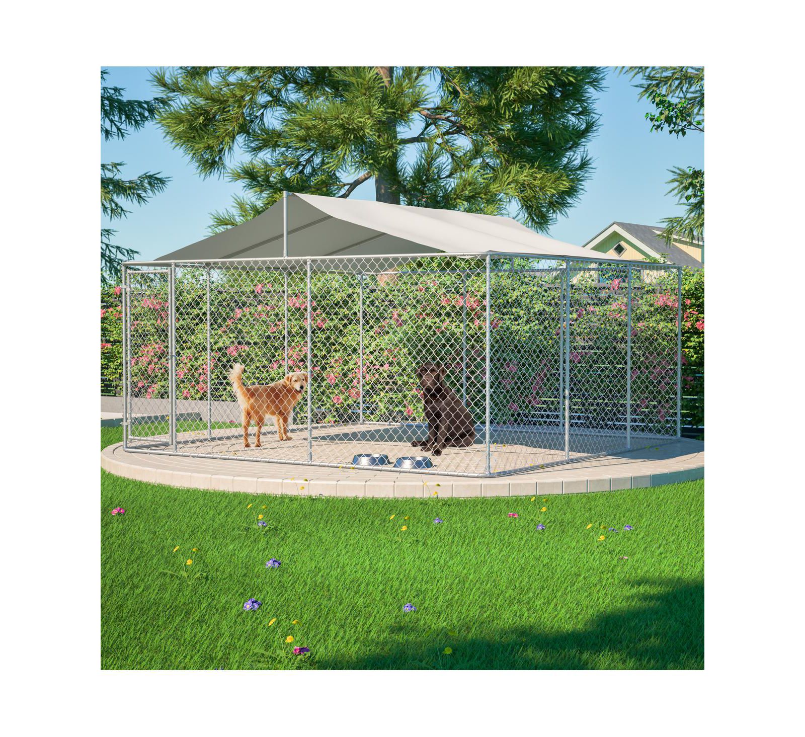 Streamdale Furniture Heavy Duty 14.8x14.8ft Galvanized Chain Link Dog Kennel with Waterproof Cover