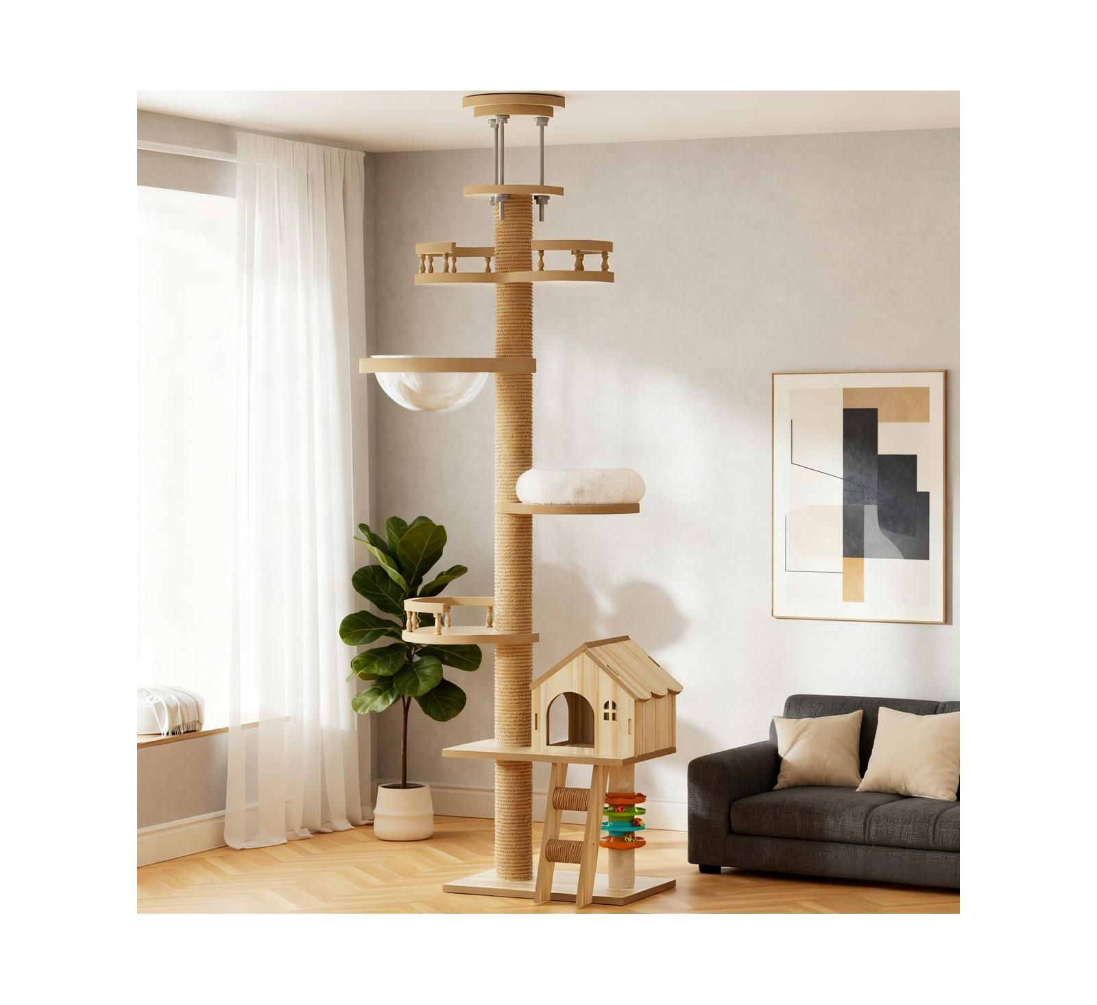 Streamdale Furniture Adjustable Floor-to-Ceiling Cat Tree with Condo, Hammock, and Scratching Posts