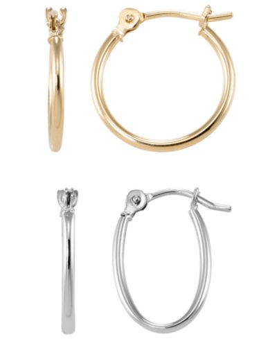 Комплект из 2-х круглых и овальных серьг-кольц в 10k Two-Tone Gold