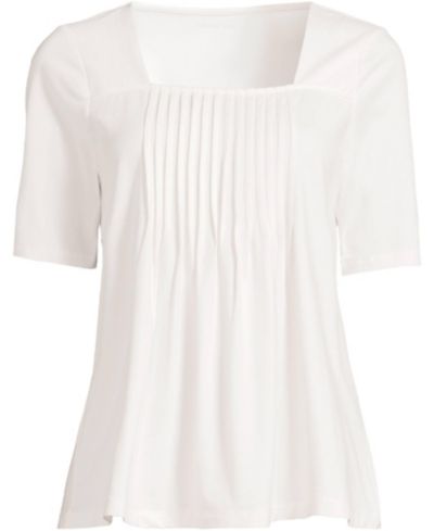 Lands' End Women's Elbow Sleeve Lightweight Jersey Pintuck Square Neck Top