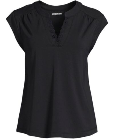 Lands' End Women's Cap Sleeve Lightweight Jersey Lace Shoulder Tee