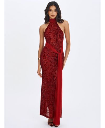 Miss Circle Women's Cerise Scarlet Burnout Velvet Multiwear Mesh Ribbon Maxi Dress