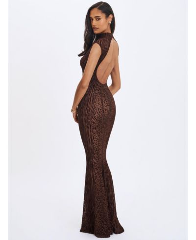 Miss Circle Women's Tyanna Mocha Burnout Velvet Mesh Backless Mermaid Maxi Dress