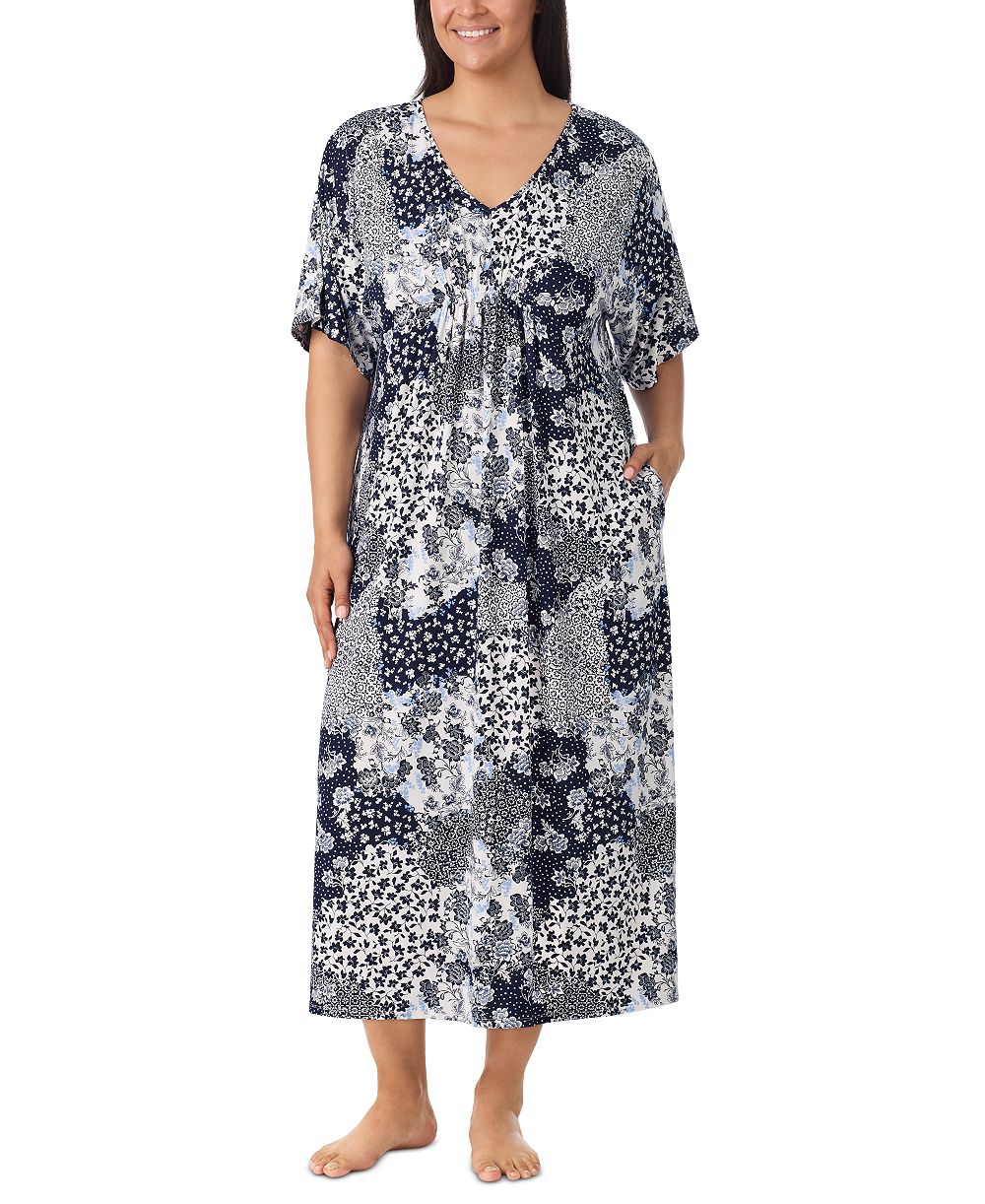 Ellen Tracy Plus Size V-Neck Short-Sleeve Side-Seam Pockets Nightgown