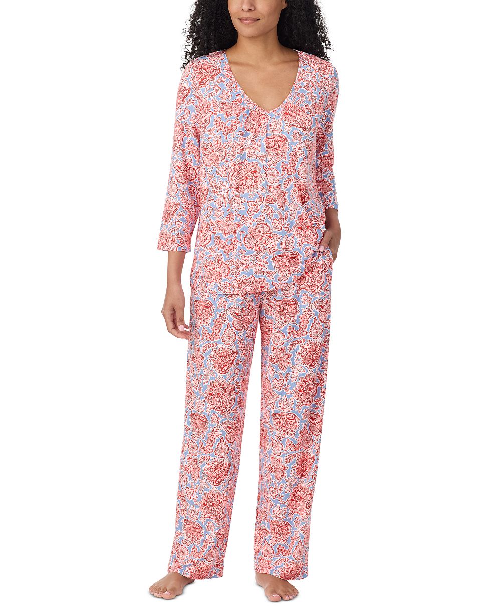 Ellen Tracy Women's V-Neck 3/4 Sleeve Top and Pants, 2-Piece Pajama Set