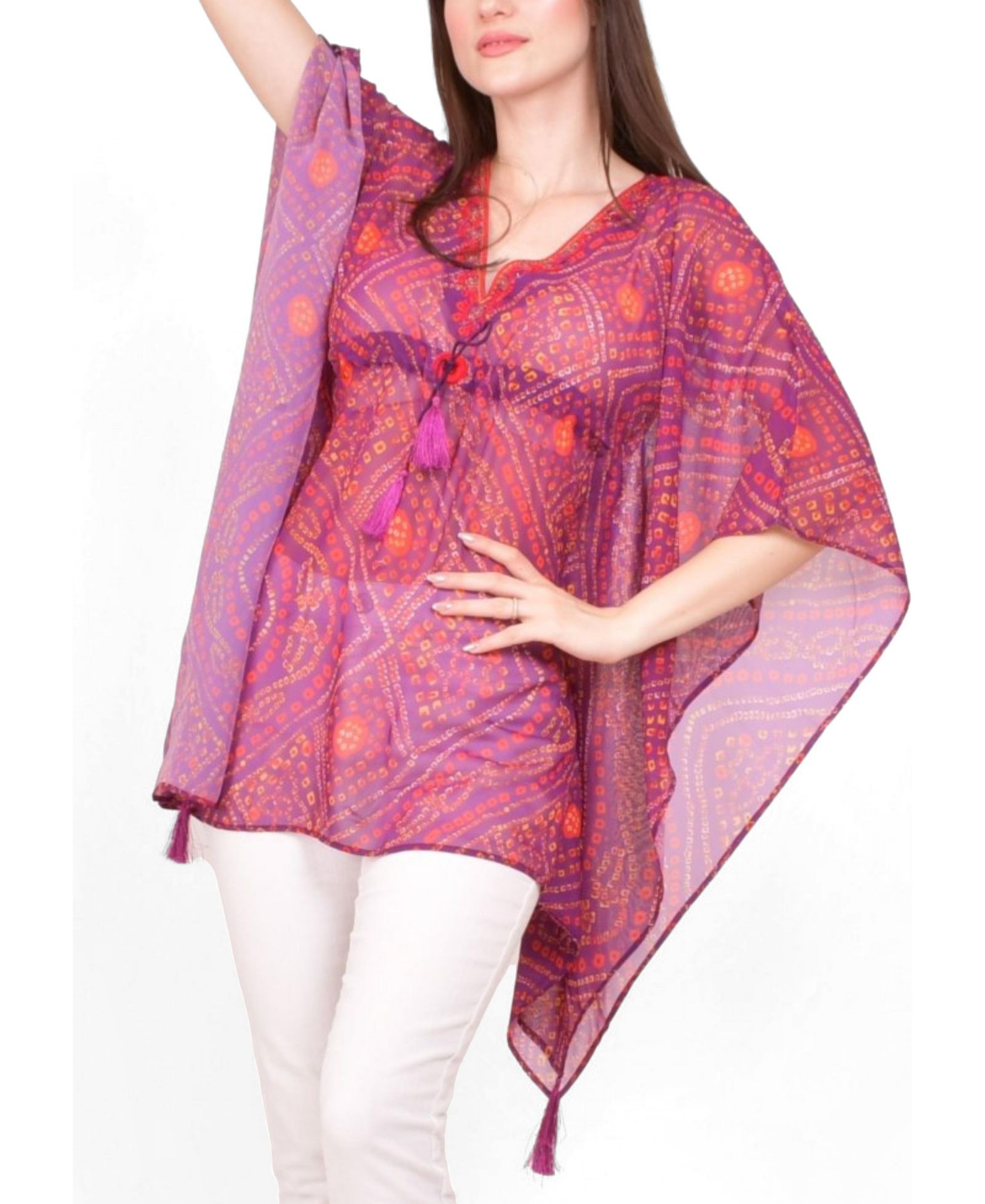 RAAS Women's Mirror Embroidered Bandhani Georgette Kaftan Top