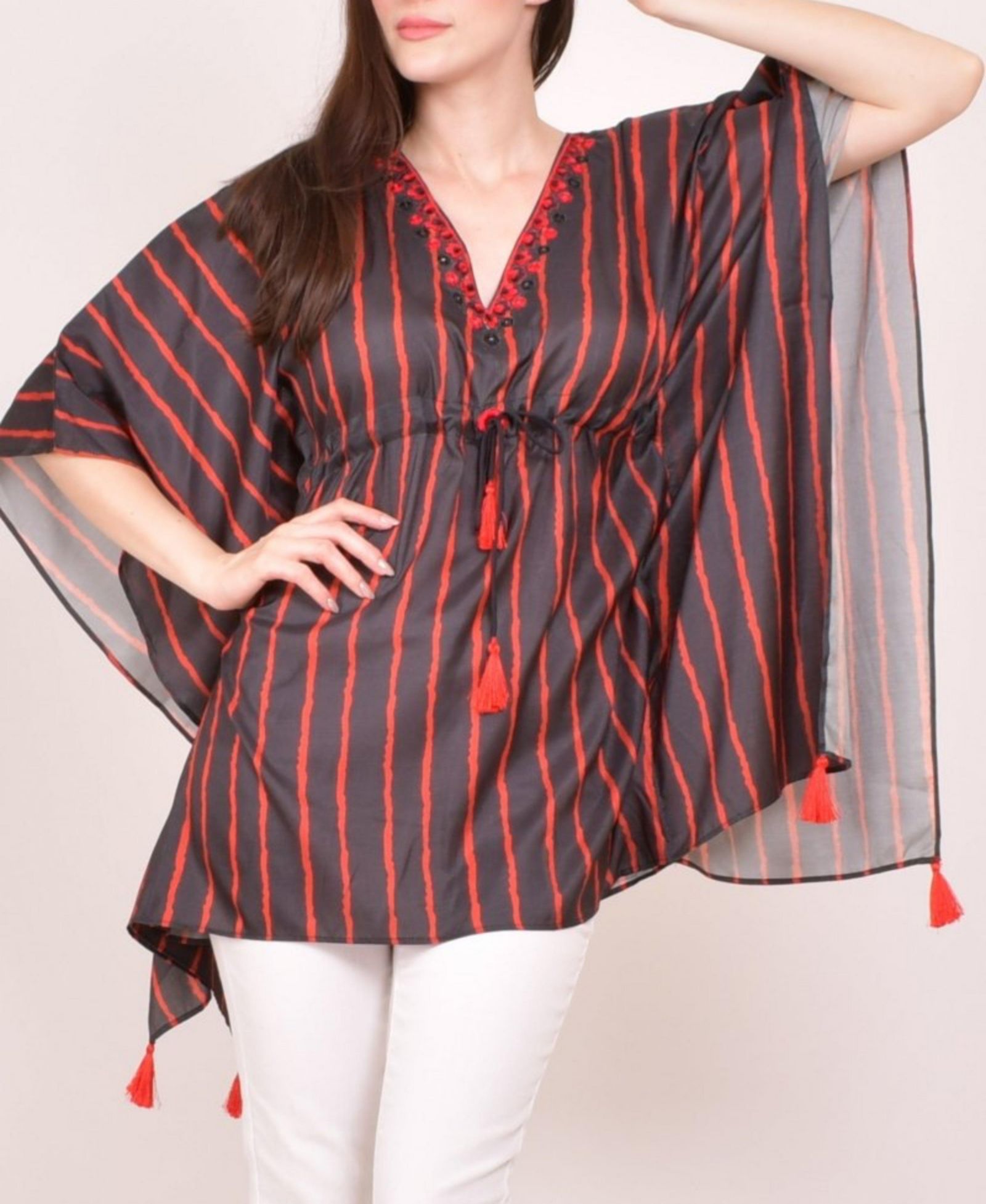 RAAS Women's Stripe Floral Embroidered Boho Kaftan Top