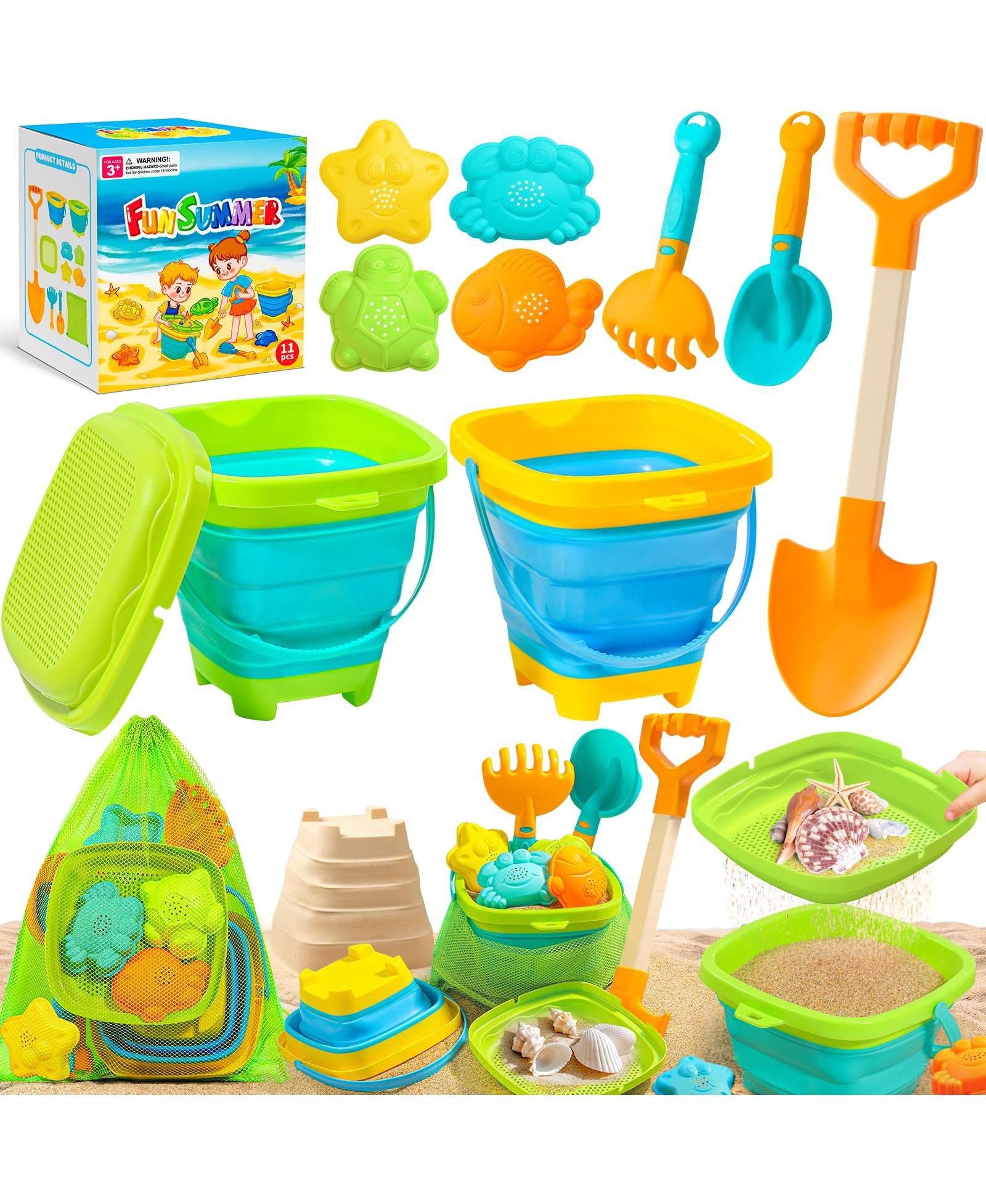 Gnuadz Collapsible Beach Bucket Set with Mesh Bag, 11-Piece, Ages 3-10