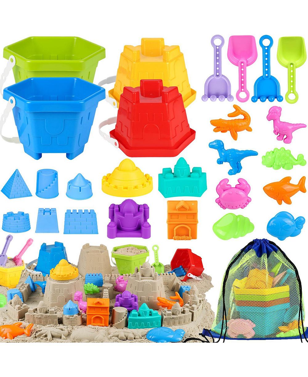 GNUADZ Beach Sand Castle Building Kit with Dinosaur Molds, Buckets, Shovels & Mesh Bag, 27-Piece Set, Ages 3-12