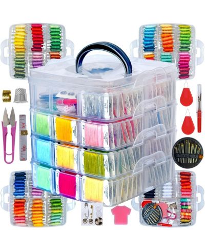 GNUADZ 176 Embroidery Floss Set Tools Kit 4-Tier Organizer Box