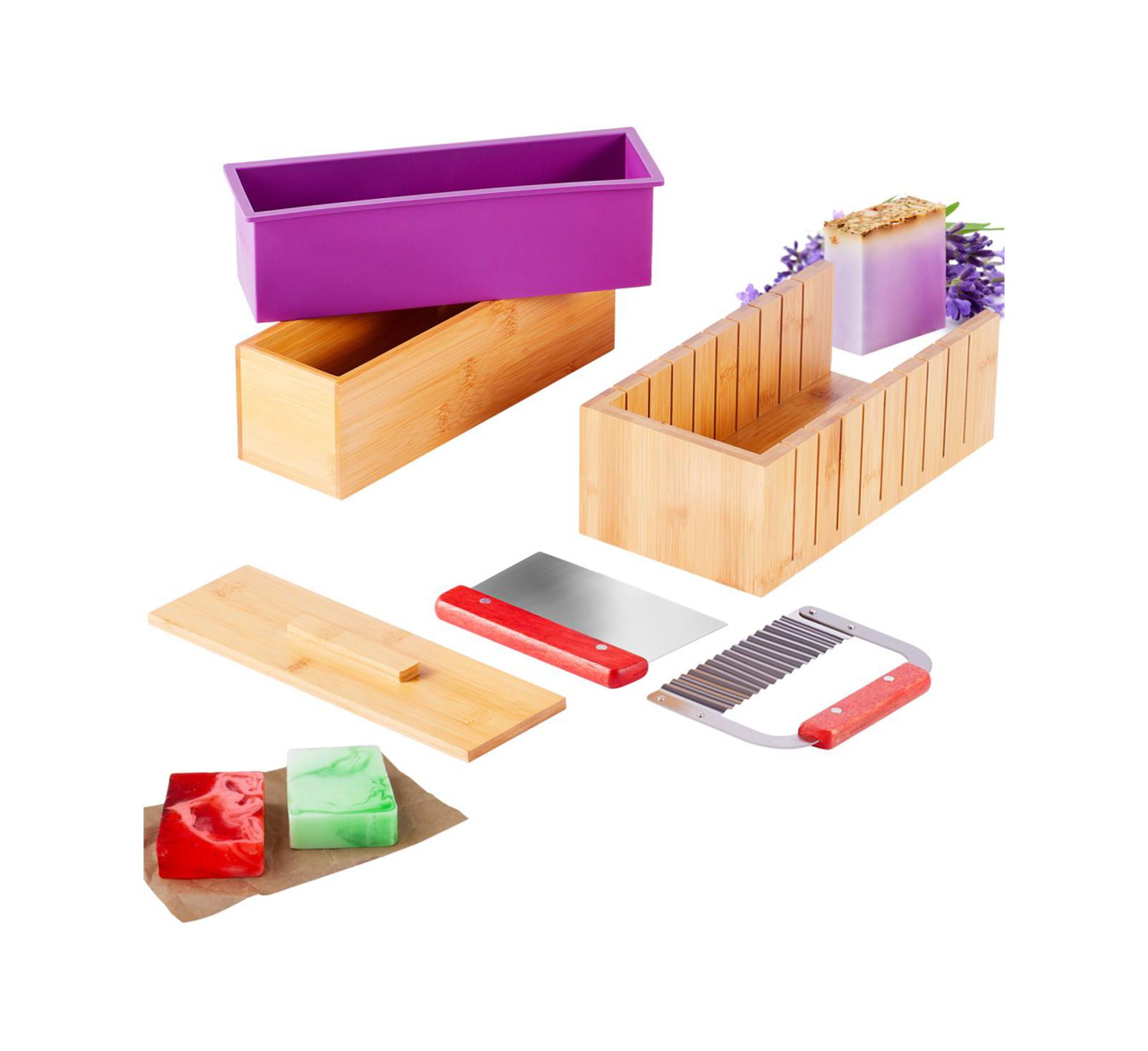 YOBTOP Soap Making Kit Bamboo Cutting Box with Silicone Mold, Stainless Steel Straight and Wavy Cutters, 100 Bags and 105 Stickers DIY Supplies