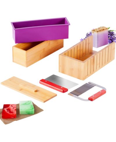 YOBTOP Soap Making Kit Bamboo Cutting Box with Silicone Mold, Stainless Steel Straight and Wavy Cutters, 100 Bags and 105 Stickers DIY Supplies