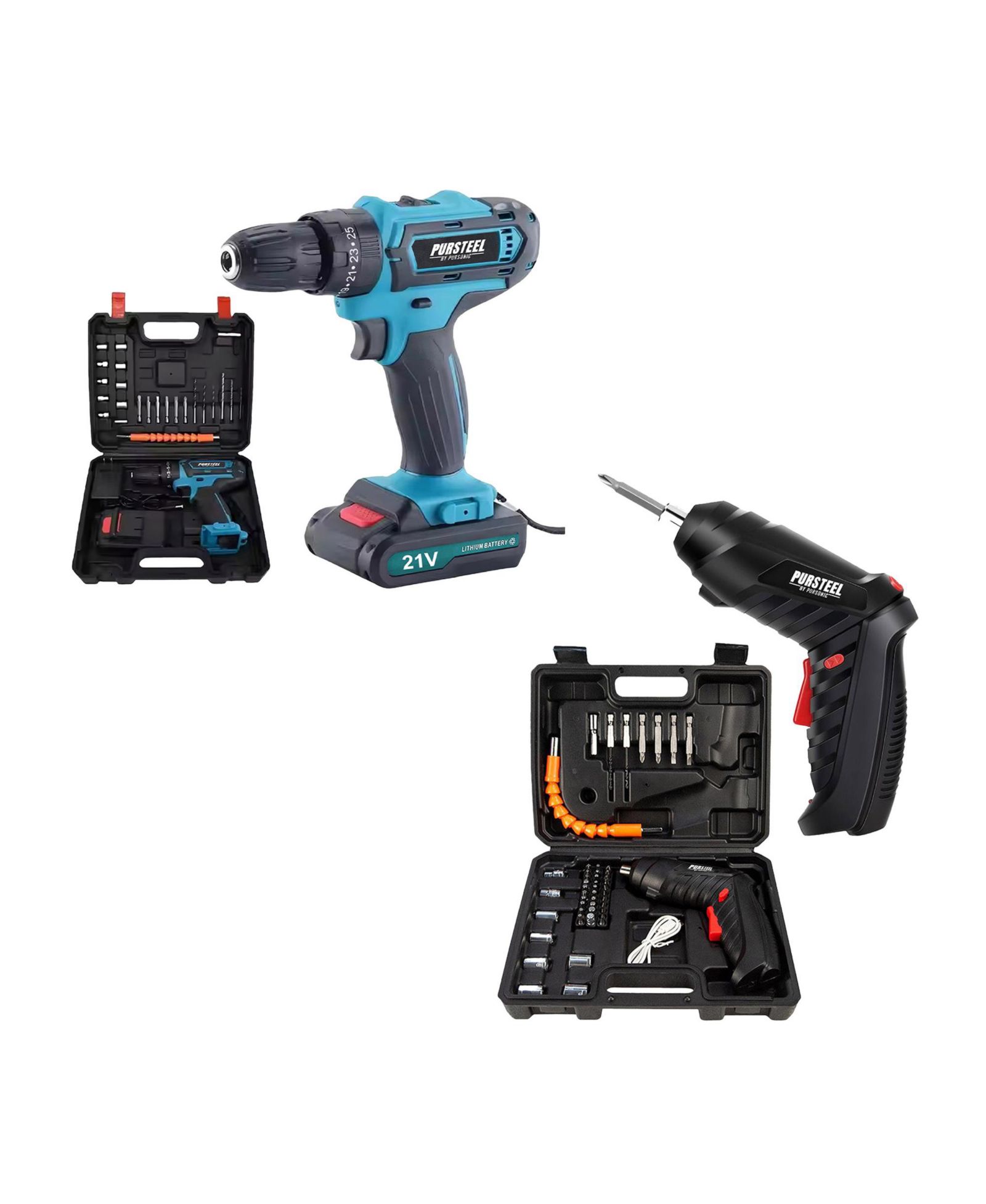 PURSONIC Power Tool Bundle: 21V Cordless Drill & Rechargeable Electric Screwdriver (47-Piece Set)
