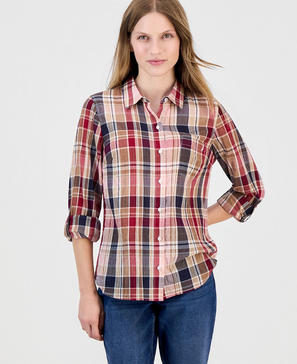 Женская рубашка Nautica Crinkle Plaid Roll-Tab