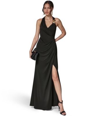 Donna Karan New York Women's Halter-Neck Draped Maxi Dress, Wedding Guest, Side Slit