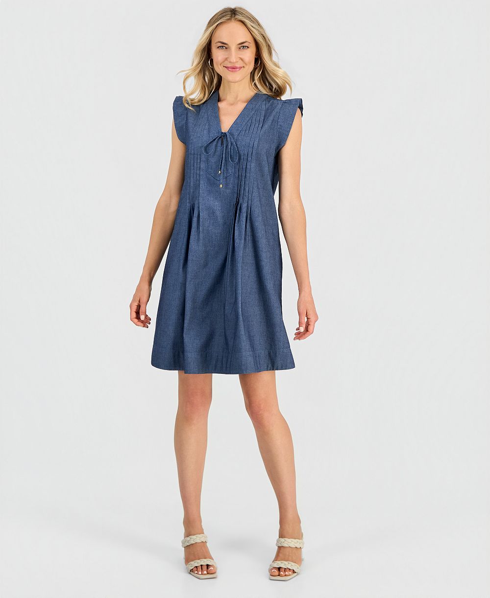 Robbie Bee Women's V-Neck Pintuck Shift Dress