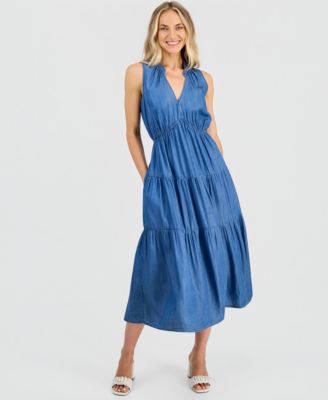 Robbie Bee Women's V-Neck Sleeveless Tiered Midi Dress