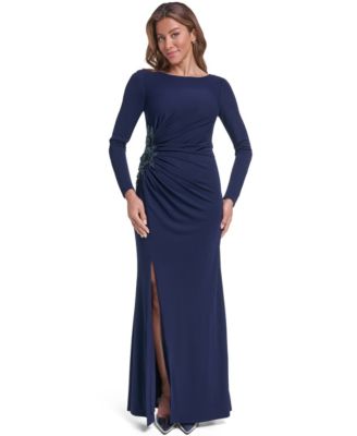 Eliza J Women's Side Ruched Sleeve Gown Long Sleeve Sequin