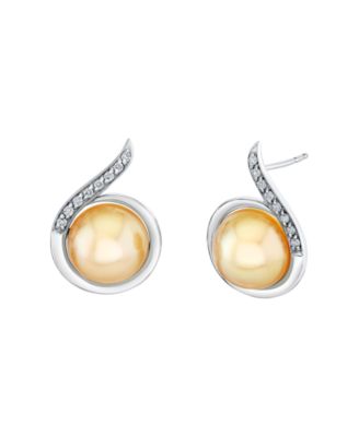 Macy's Cultured Golden South Sea Pearl (10mm) & Diamond (1/6 ct. t.w.) Earrings in Sterling Silver