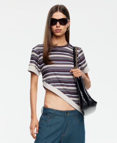 Lioness Women's Vintage-Inspired Stripe Asymmetric Crewneck Top