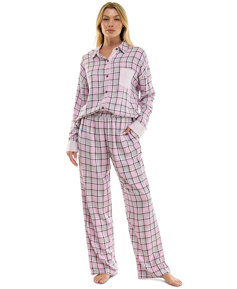 Roudelain Women's Flannel Collared Long-Sleeve Shirt and Pant Pajama Set