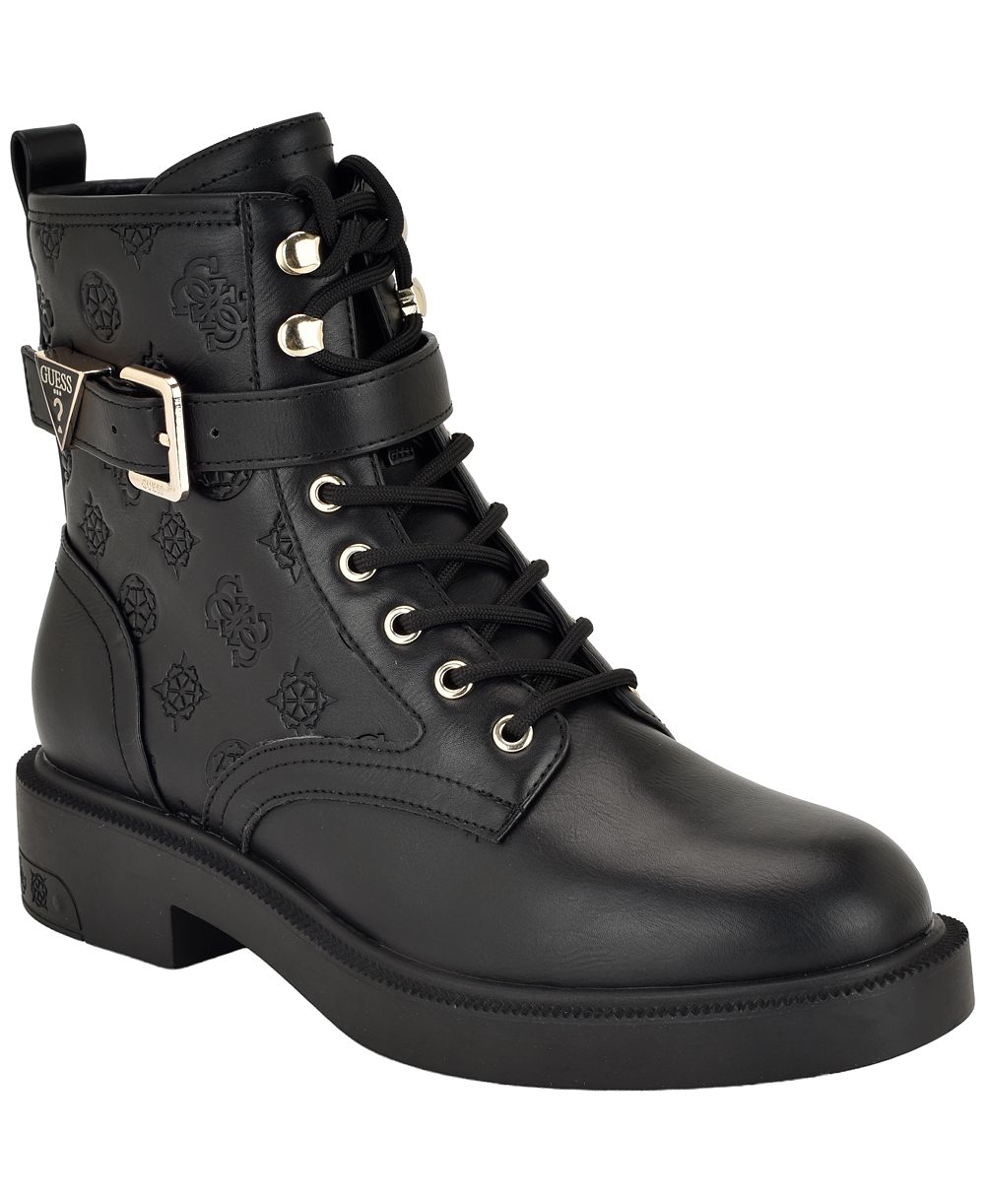GUESS Women's Fellini Buckle Strap Lace-Up Combat Booties