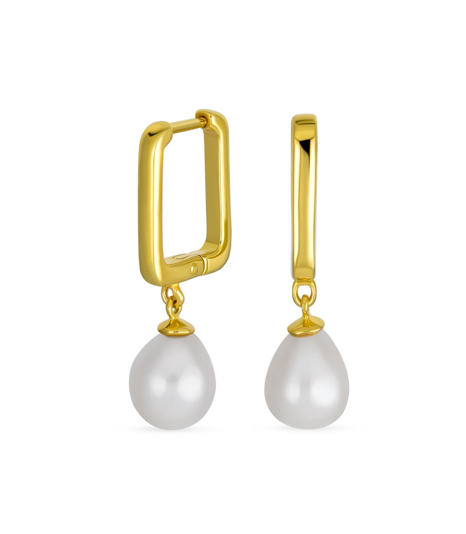 Bling Jewelry Modern Freshwater Teardrop Pearl Dangle Paperclip Huggie Earrings Gold Plated