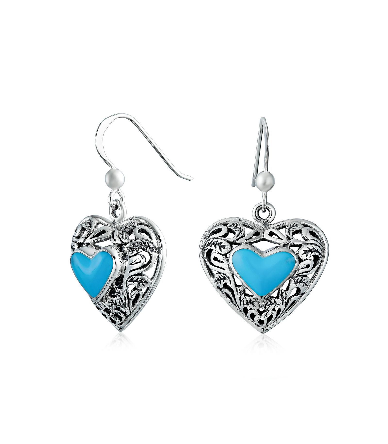 Серьги-подвески Bling Jewelry Bali Style Natural Turquoise Heart Shape