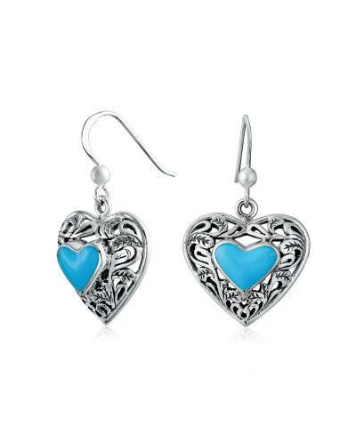 Серьги-подвески Bling Jewelry Bali Style Natural Turquoise Heart Shape