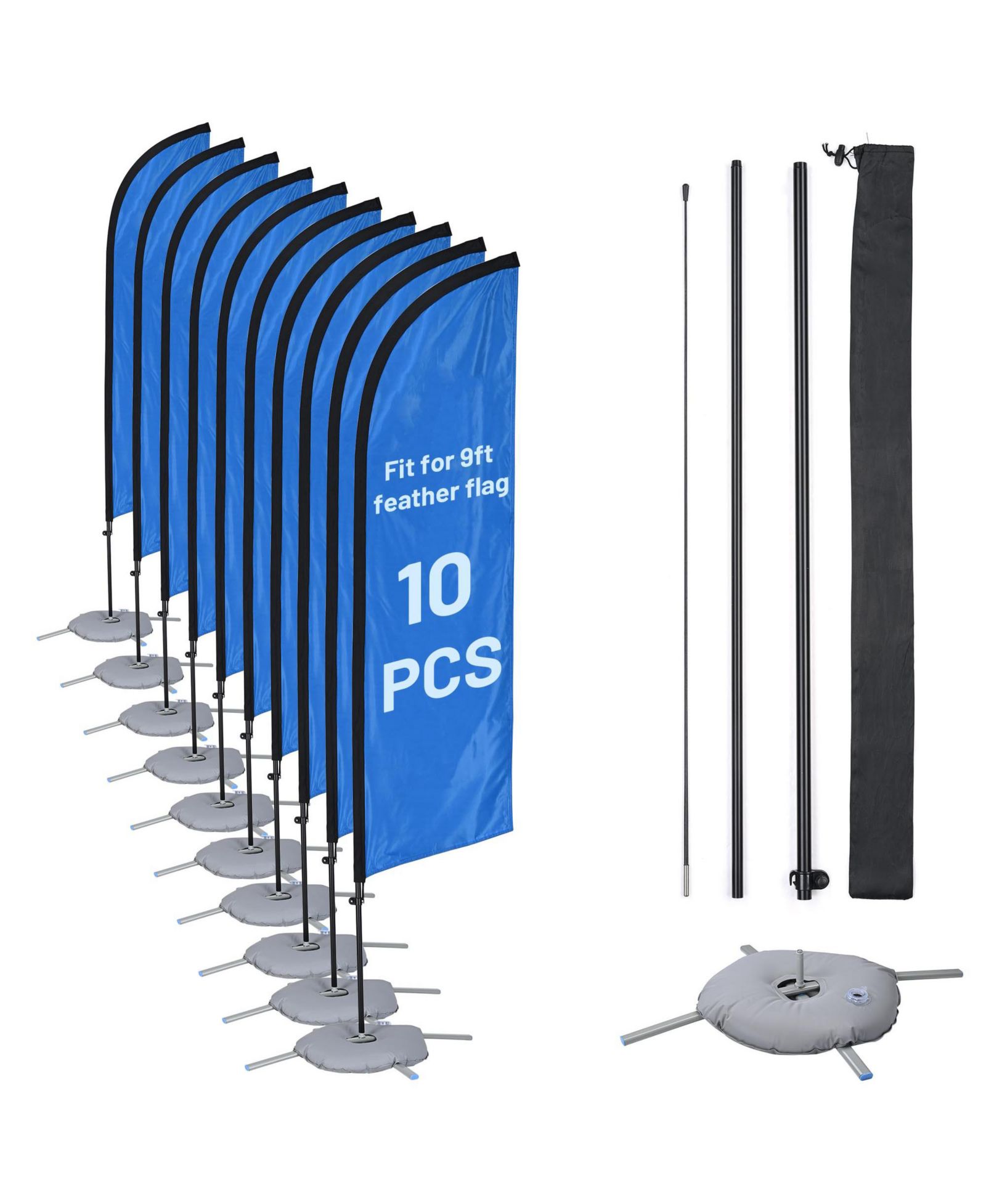 InstaHibit 10 Pack 8ft Feather Flag Pole Kit with Cross Base Stand and Weight Bag