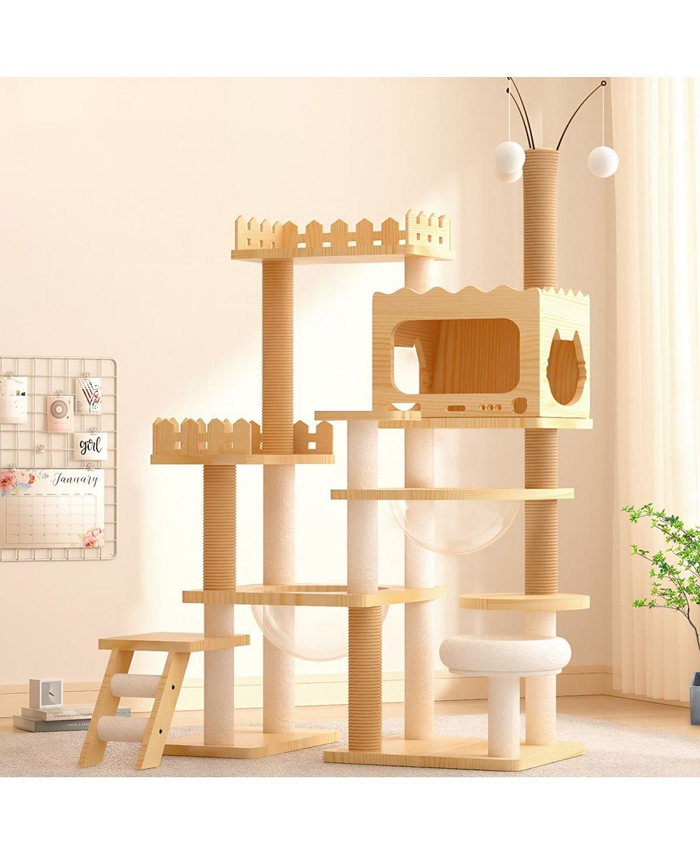 6thdruple Tall Cat Tree Tower, Wood Cat Condo with Sisal Posts, Top Perch, Acrylic Hammock for Cats
