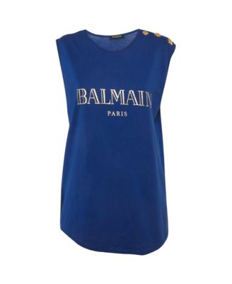 Pre-Owned Balmain Women's Logo Print Cotton Shoulder Button Detail Top